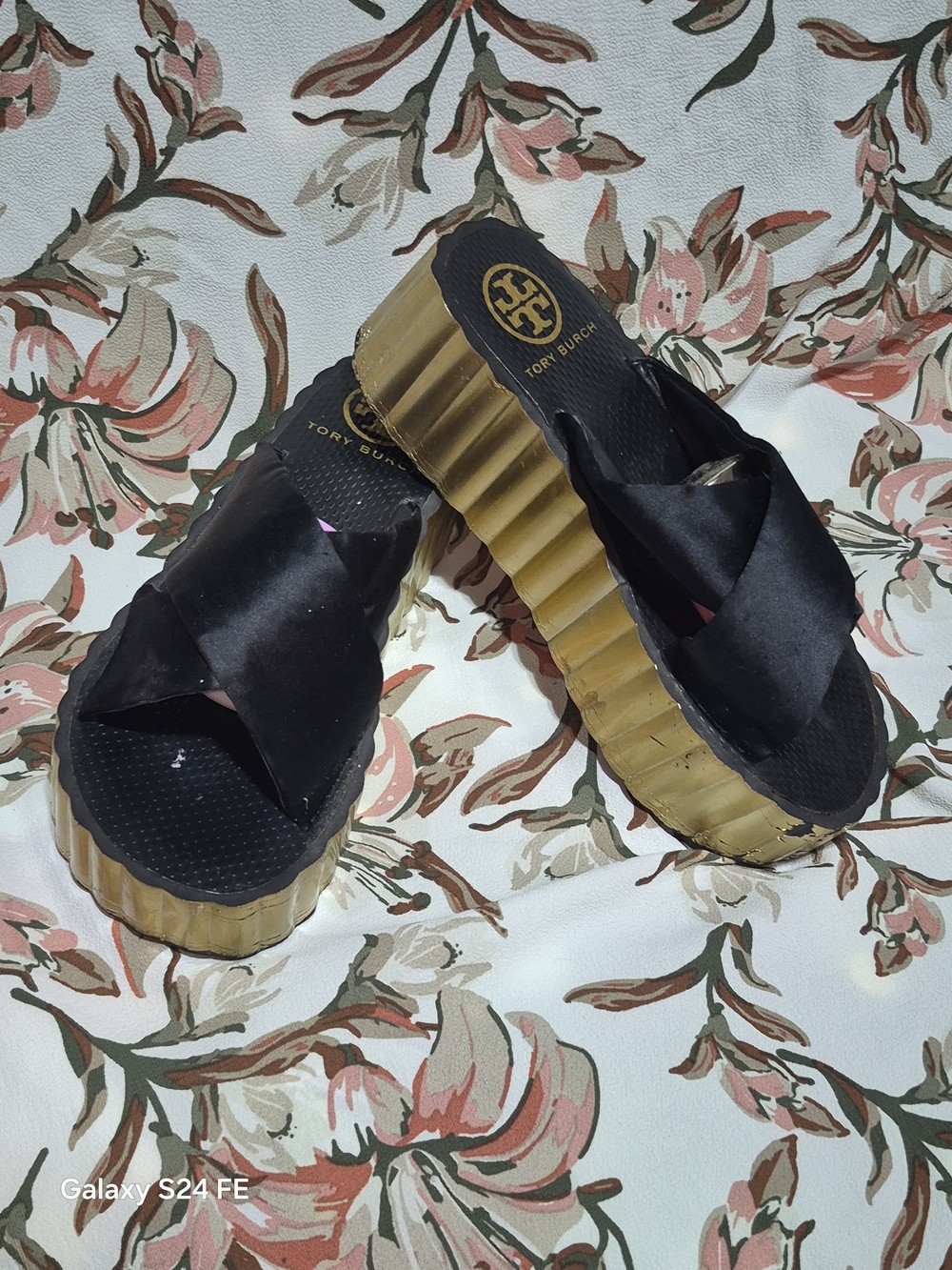 Tory Burch Black Satin Crisscross Platform Slides with Gold Ridged Sole